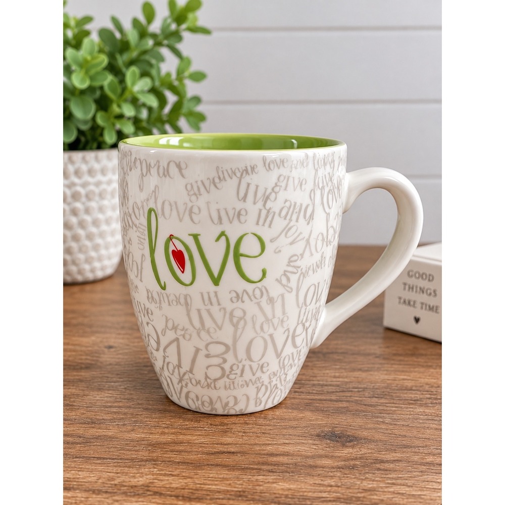 Vintage Starbucks 2005 Love Peace Live Give Script Ceramic Mug Green White Heart